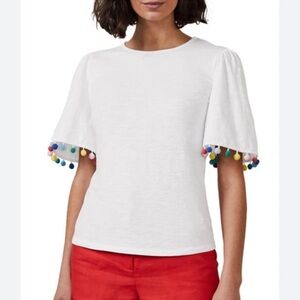 Boden White Top with Colorful Pom-Pom Sleeves